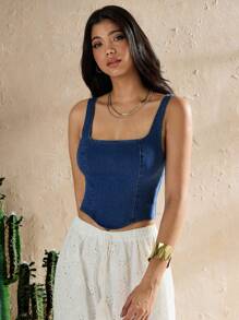 Forever 21 Versatile Y2K Style Distressed Denim Crop Top - Dark Wash - View 6