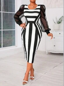 SHEIN Lady Váy midi tay bồng in họa tiết hình học kẻ sọc đen và tương phản cỡ lớn cho nữ, trang phục đi chơi mùa thu, váy dạ hội, quần áo mùa thu cho nữ - Đen và trắng - Xem 4