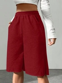 SHEIN EZwear Women Solid Color Elastic Waist Pocket Casual Shorts