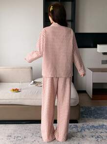 DAZY 2pcs Plaid Embroidery Pattern Long Sleeve & Long Pants Pajama Set - Baby Pink - View 2