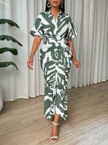 SHEIN Clasi Váy sơ mi xếp ly tay ngắn in họa tiết hình học thanh lịch cho nữ mùa hè - Nhiều màu - Xem 5