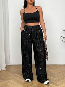 CovetEZ Plus Size Drawstring Sequin Loose Straight Leg Casual Comfy Pants - Black - View 3