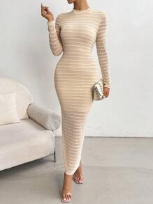 Chiquease Women Textured Knit Bodycon Mini Dress Fall Cloth For Women - Apricot - View 4