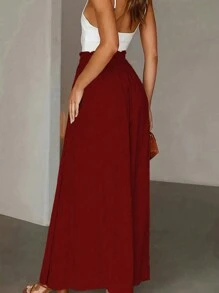 Calvaya 女士纯色纸袋腰口袋优雅阔腿裤新年衣服 - 紅色 - 查看 3