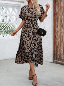 Chiquease Women Print Crew Neck Short Sleeve Twist Front Mini Dress - Black - View 4