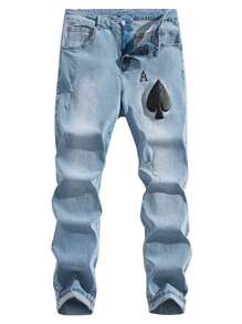 Manfinity Hypemode Plus Size Men's Distressed Light Blue Denim Jeans With Poker Print