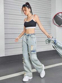 SHEIN 2 Cái/bộ Retro Teen Girls' Casual Thiết Kế Cổ Điển Denim Đau Khổ Bộ Nhiều Món - Nhiều màu - Xem 4