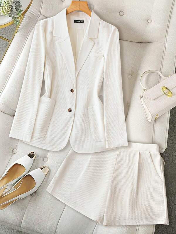 SHEIN Clasi Conjunto de blazer de manga larga con cuello de solapa y pantalones cortos de unicolor, talla grande para mujer, primavera otoño
