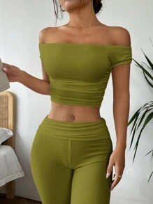 SHEIN EZwear 2 件套女士纯色简约日常露肩上衣和裤子套装 - 橄欖綠 - 查看 3