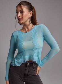 SHEINNeu Women Solid Color Semi-Sheer Lace Trim Long Sleeve Blouse - Mint Blue - View 4