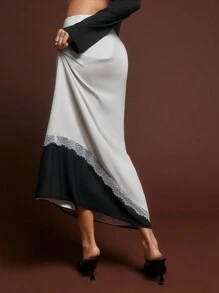 SHEINNeu Váy dài viền ren họa tiết khối màu trang nhã dành cho nữ, Váy dài xuân hè thu đông Váy trắng trang phục đi chơi - Nhiều màu - Xem 2