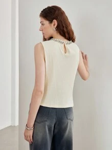 MOTF STUDIO WOMEN'S SUMMER RHINESTONE DECOR ROUND NECK ELEGANT TANK TOP - White - View 5