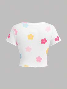 SHEIN Girlism Tween 女童休闲简约圆领花卉印花盖袖 T 恤