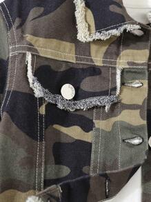 SHEIN Girls' Washed Soft Camouflage Print Denim Jacket - Army Green - View 5