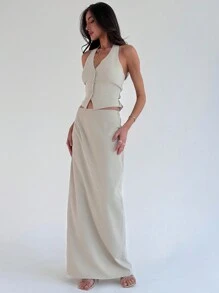 SHEIN Privé Plus Size Elegant Tie-Waist Blazer & Extra Long Slit Hem Midi Skirt 2Pcs Suit, Apricot