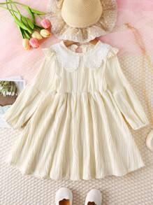 SHEIN 年轻女孩学院风优雅彼得潘领灯笼袖收腰提花针织纯色中长连衣裙，适合秋冬季