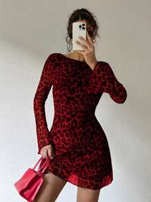 SHEIN EZwear 女士露背豹纹网眼连衣裙 - 紅色 - 查看 2