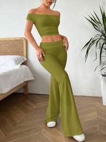 SHEIN EZwear 2 件套女士纯色简约日常露肩上衣和裤子套装 - 橄欖綠 - 查看 6