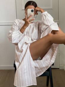 DAZY Textured Striped Fabric Open Cardigan House Dress Pajama - Pink - View 1