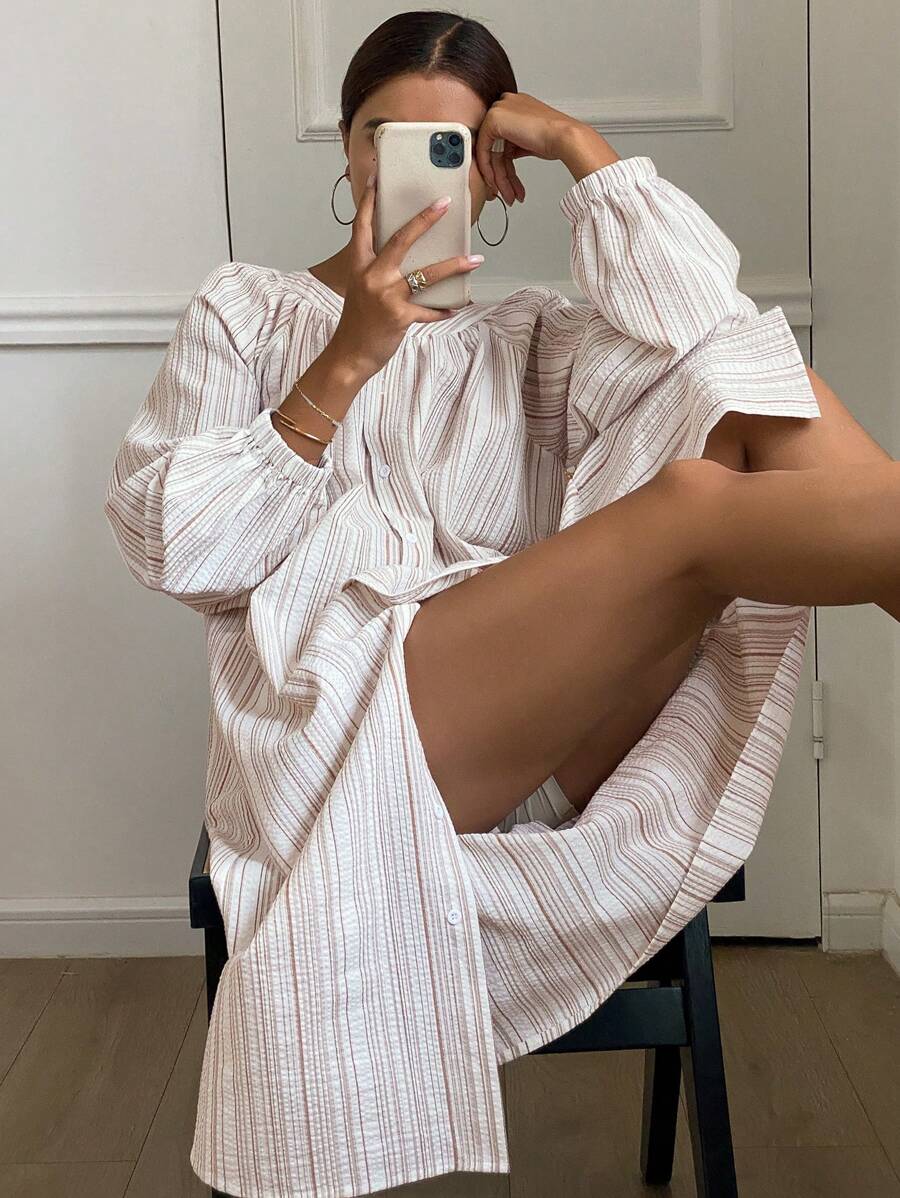 DAZY Textured Striped Fabric Open Cardigan House Dress Pajama - Pink - View 1