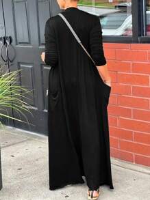 EARO Plus Size Women Casual Solid Color Dual Pocket Long Lightweight Open Front Jacket, Comfortable Daily Versatile Windbreaker Coat, Spring/Autumn - Black - View 8