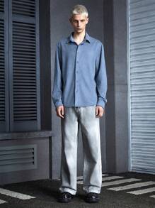 Manfinity VCAY 男性或中性款Y2K荒野風格丹恩風格末世風格的洗褪藍色絨面皮編織長袖休閒衫，適合春夏日常穿著的寬鬆青年街頭風格 - 藍色 - 查看 4