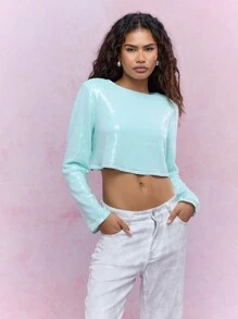 MISSGUIDED Y2K Futuristic Sequined Round Neck Full Sleeves Top
