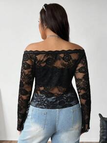 SHEIN EZwear Plus Size Women Simple Off-Shoulder Lace Blouse - Black - View 2