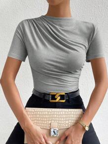 VaVaBold Bộ đồ liền thân ngắn tay màu trơn tối giản dành cho nữ - Màu Xám nhạt - Xem 6