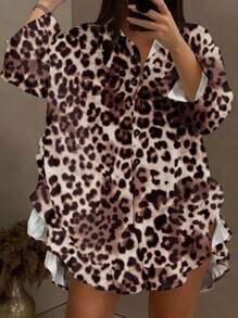 Slaydiva Plus Size Women Fashion Loose Asymmetric Hem Patchwork Ruffle Trim Leopard Print Long Blouse Top, Spring Summer - Brown - View 1