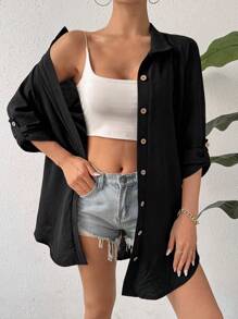 SHEIN Unity 女士時尚純色中袖鈕扣襯衫