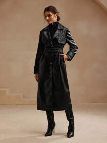 SHEIN X Lucía Bellido Anewsta 女士翻领魅力时尚长袖仿皮风衣 - 黑色 - 查看 6