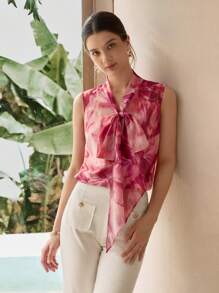 MOTF PREMIUM 雪纺印花系带无袖衬衫 - 粉色 - 查看 3
