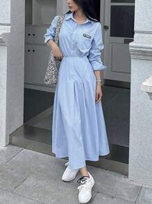 DAZY 女士休闲字母印花长袖衬衫和裙子两件套，春秋 - 藍色 - 查看 2