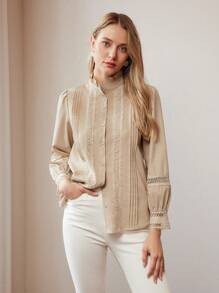 MOTF PREMIUM LACE INSERT FRILL MOCK NECK SHIRT