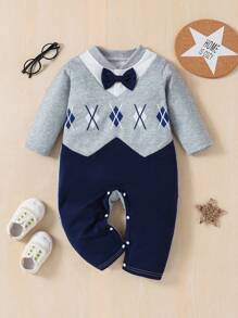 Souflis Souflis 男婴仿针织菱形图案撞色滚边西装，绅士学院风连体裤，适合秋季穿着