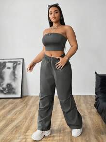 Flirla Conjunto de 2 piezas de top tubo de unicolor y pantalón cargo de talla grande - Gris Oscuro - Ver 7