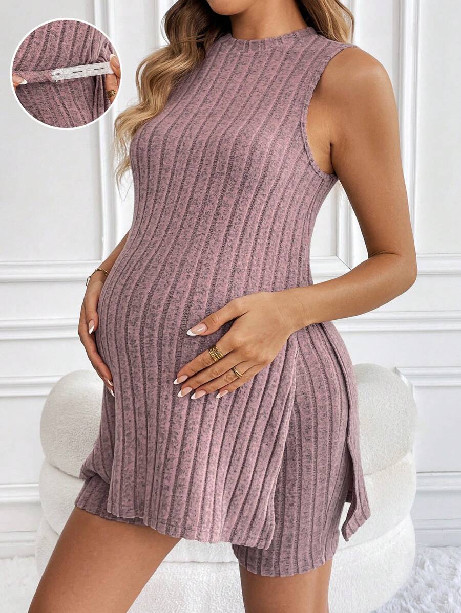 SHEIN Maternity Split Hem Tank Top & Biker Shorts - Dusty Pink - View 1