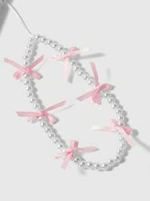 ROMWE Kawaii 1pc Pink Bow Decor Pearl Bracelet + Matching Pink Bow Phone Case, Compatible With IPhone 11/12/13/14/15 Pro Max - Pink - View 4