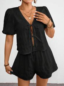 SHEIN VCAY 女士夏季纯色前系带衬衫短裤套装，短袖衬衫短裤两件套 - 黑色 - 查看 3