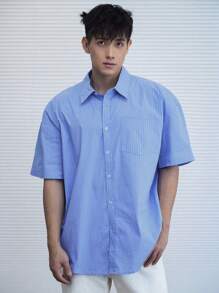 DAZY Men's Summer Striped Short Sleeve Pocket Casual Loose Shirt Back To School - Blue - View 7