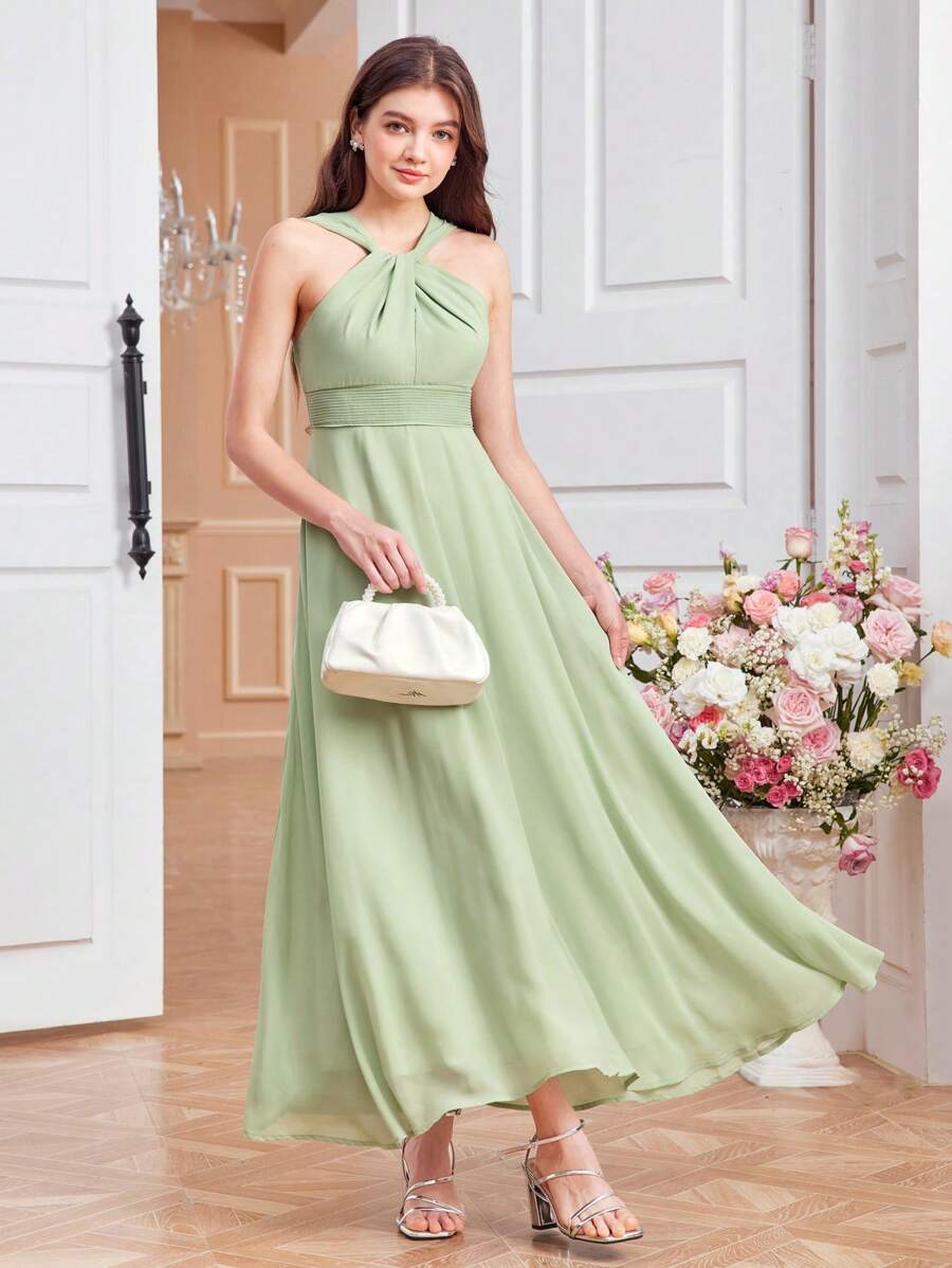 SHEIN Teen Girl Ethereal & Twist Neck Plain Chiffon Dress - Green - View 1