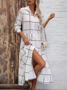 Chiquease Long Sleeve Collared Buttoned Front Plaid Gathered Loose Minimalist Dress - White - View 1