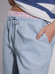 SHEIN EZwear Pantalones anchos tejidos con rayas azules y cuadros rosas de estilo informal para mujer con ajuste holgado