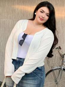 Dazy Plus Plus Size Short Fitted V-Neck Long Sleeve Cardigan Top, White, Spring/Summer, Back To School Clothes,Fall Women Clothes - White - View 8