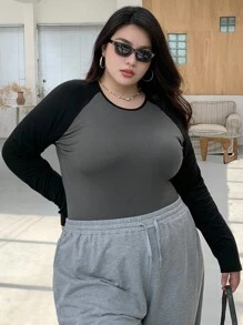 Dazy Plus Plus Size Color Block Crew Neck Fitted Long Sleeve Casual T-Shirt, Suitable For Spring, Summer, Autumn Preppy Tops,Fall Women Clothes - Grey - View 3