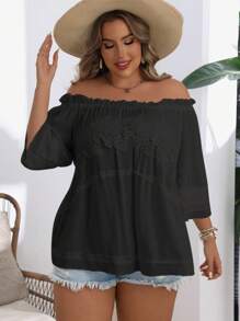 SHEIN VCAY Plus Size Women Off Shoulder Simple Solid Color Casual Blouse - Black - View 4