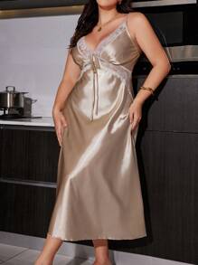 SilkySpell Plus Size Women's Exquisite Lace Design Long Faux Silk Slip Nightgown Pajama Dress