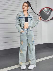 SHEIN 2 Cái/bộ Retro Teen Girls' Casual Thiết Kế Cổ Điển Denim Đau Khổ Bộ Nhiều Món - Nhiều màu - Xem 3