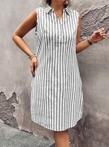 SHEIN LUNE Plus Size Women Striped Print Sleeveless Dress - Black - View 3